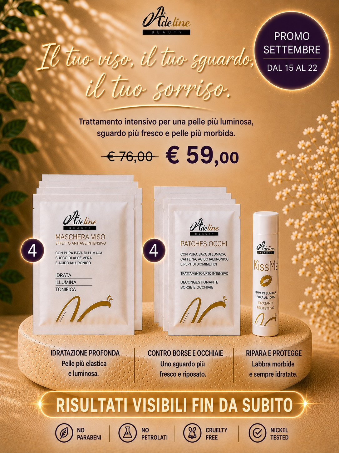 Kit Bellezza Totale – Maschera Viso, Patches Occhi e KissMe Promo Settembre Adeline Beauty